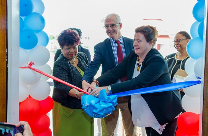 The Cutting of the ribbon of the Sexual Offences Court at Suddie, Region Two. In the photo is L-R Minister Amna Ally, Deputy British High Commission Ray Davidson and UNICEF Rep Ms Fouet.