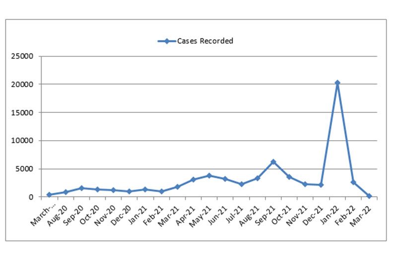Line graph showing the total number of monthly recorded cases from March 2020 to March 2022 (Data provided by Ministry of Health)