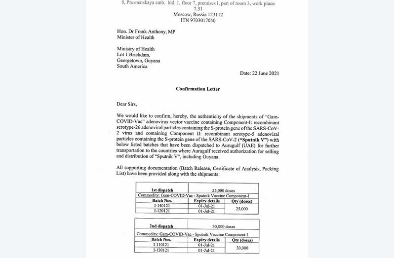 Photos of the document issued by Director-General of the Russian Direct Investment Fund (RDIV), Alexander Chistyakov, confirming the authenticity of the Sputnik V vaccines entering Guyana