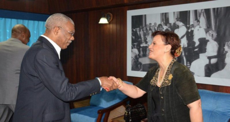President David Granger greets Member of Parliament of the Canadian House of Commons, Ms. Alexandra Mends, at the Ministry of the Presidency