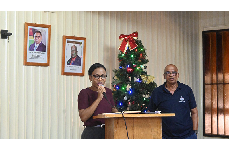 Minister of Home Affairs Oneidge Walrond addresses members of the various Region 10 Community Policing Groups on Wednesday (Ministry of Home Affairs photo)