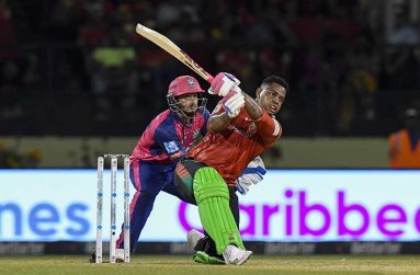 Shimron Hetmyer (R) of  Guyana Amazon Warriors hits a six and Quinton de Kock (L) of the Barbados Royals watch during the Men's 2024 Republic Bank Caribbean Premier League match # 27 between Guyana Amazon Warriors and the Barbados Royals at the Guyana National Stadium on September 25, 2024 at Providence, Guyana. (Photo by Randy Brooks/CPL T20 via Getty Images)