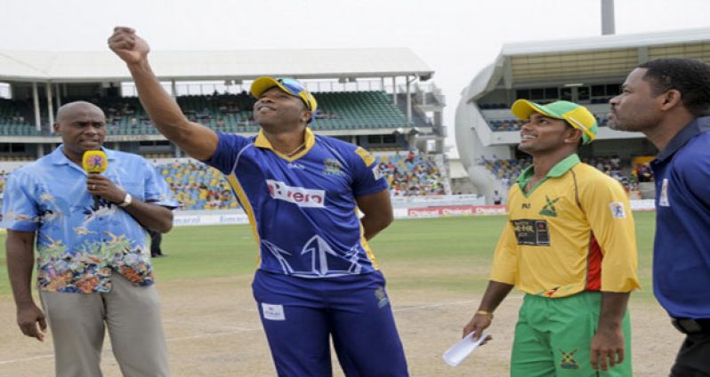 FLASHBACK:CPL 2014: The captains toss as Guyana Amazon Warriors and Barbados Tridents square off in the final.