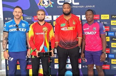 (from left) Faf du plessis (Kings), Imran Tahir (Warriors), Kieron Pollard (TKR) and Rovman Powell (Royals) 