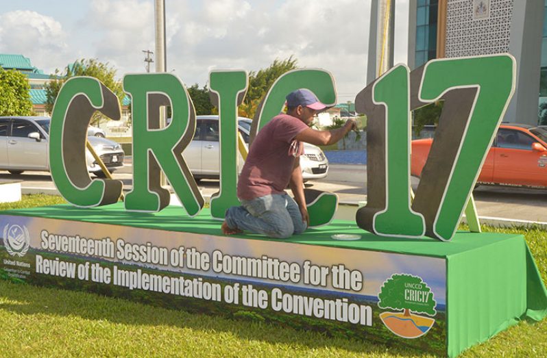 Workers in final preparation for the convention (Adrian Narine photo)