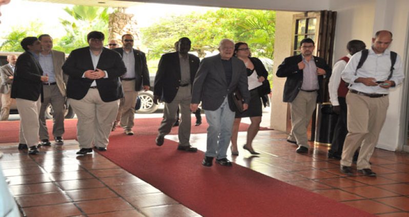 Former United States President Jimmy Carter on arrival at the Pegasus Hotel in Kingston, Georgetown