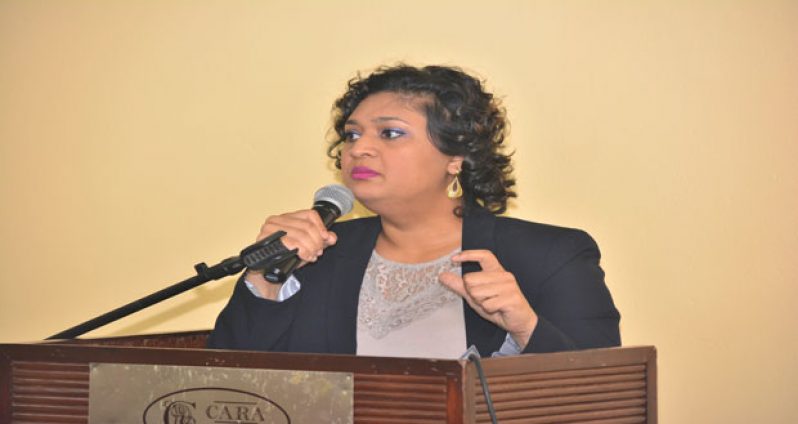 Education Minister, Priya Manickchand makes a point during the launching of the Domestic Violence Regulations at Cara Lodge, Quamina Street, Georgetown