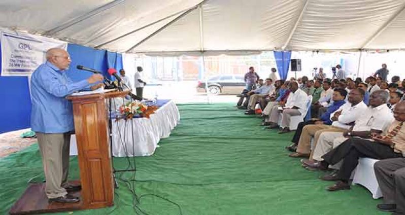 President Donald Ramotar reiterating his government’s commitment to construct the Amaila Falls Hydropower project while addressing Monday’s commissioning of GPL’s US$26M power station at Vreed-en-Hoop