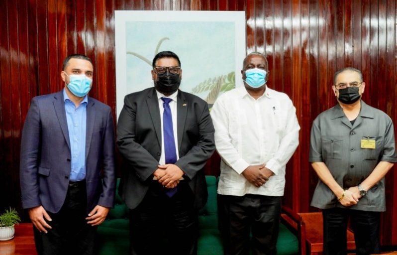 President, Dr. Irfaan Ali and Prime Minister, Brigadier (Ret’d) Mark Phillips share a moment with E-Networks’ Chairman, Rakesh Puri and the company’s Chief Executive Officer (CEO), Vishok Persaud, following a meeting on Tuesday