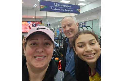 The smiling faces of Errol Caetano, daughter Nicole(with hat) and grand-daughter Caraleena on arrival early Saturday morning at the Cheddi Jagan International Airport.