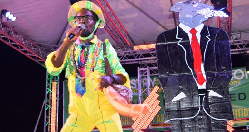 De Professor performs his winning song “We nah put you back deh” Saturday evening. The song and the performance earned him the title of Calypso Monarch 2016. (Cullen Bess-Nelson photo)
