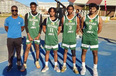 (L-R) Coach Willon Cameron, Stephen George, Domitre Ranking, Arren Vanlewin and Anish Ramlall following their first-day 3x3 session in Paraguay