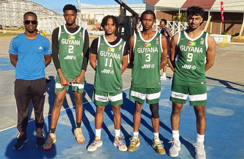 (L-R) Coach Willon Cameron, Stephen George, Domitre Ranking, Arren Vanlewin and Anish Ramlall following their first-day 3x3 session in Paraguay