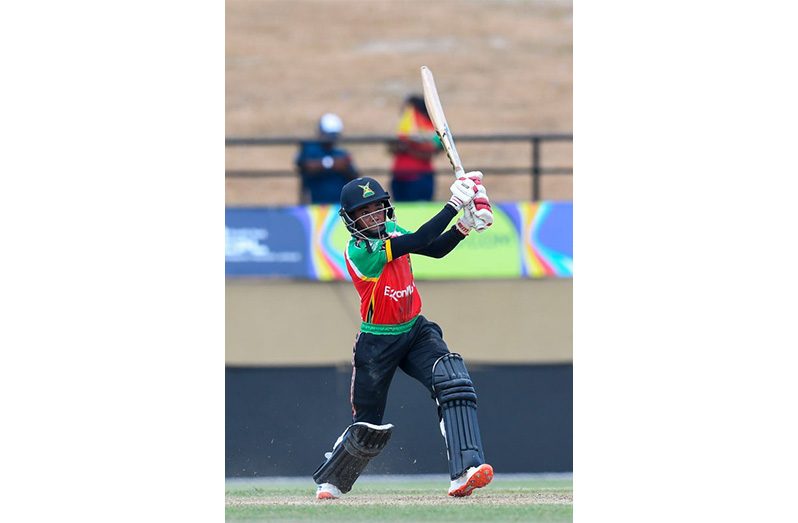 Shemaine Campbelle of Guyana Amazon Warriors hits a six (Photo by Randy Brooks - CPL T20/CPL T20 via Getty Images)