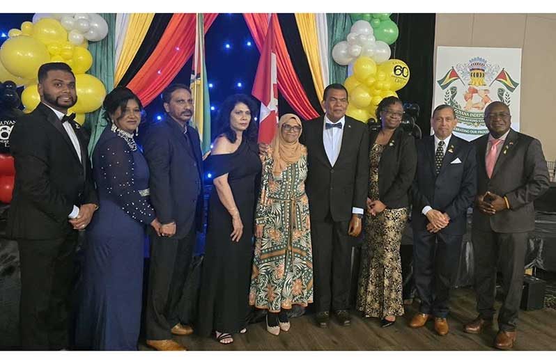 Minister within the Ministry of Public Works, Madanlall Ramraj, fourth from right, with, among others, Shiv Persaud, Chairman of the Guyana Independence Celebrations Committee (extreme left), Consul Mani Singh of the Guyana Consulate in Toronto, second from right, acting High Commissioner, Cindy Sauers, third from right, and Ms Bibi Shariman Ali, mother of Guyana’s President, Dr Irfaan Ali.