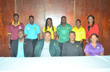 From right, seated are: WICB Project Officer (Female), Josina Luke, Anand Sanasie, Drubahadur and Christopher Jones. The six captains stand behind with Guyanese Tremayne Smartt (second left).