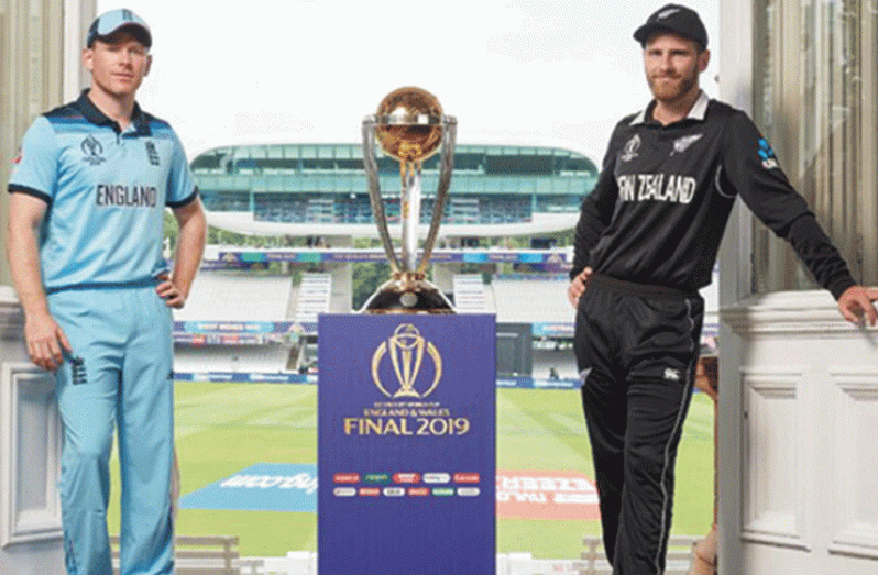 England captain Eoin Morgan (left) and Kane Williamson, his New Zealand counterpart, pose with cricket's biggest prize, at Lord's. (Image Credit: ICC Twitter)