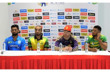 From left Sikandar Raza, Imran  Tahir, Martin Guptill  & and Brandon King met the media yesterday at the Pegasus Suites