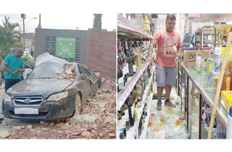 These photographs show the effects of the tremor in Trinidad and Tobago, where there have been reports of widespread structural
damage to buildings. Cars have been flattened by falling concrete and supermarkets have reported losses.
