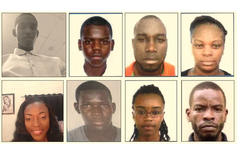 Top left to right: Denzel Lawrence Muir, Aubrey Anthony Fraser, Leon Anthony Williams and Cassandra Alexandra Mclennan. Bottom left to right: Melicia Adella Williams, Akeem Elijah Powers, Khadijah Nafeesah Long and Raul Jomal James (Guyana Police Force photos)