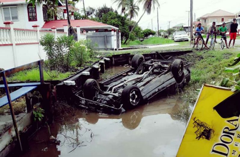 The car that plunged into the trench at Affiance, Essequibo Coast