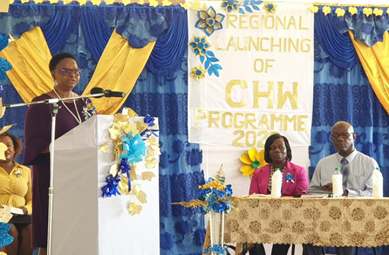 Public Health Minister, Volda Lawrence speaking about government’s investment in the health sector at the launch of the CHW programme in Region Two
