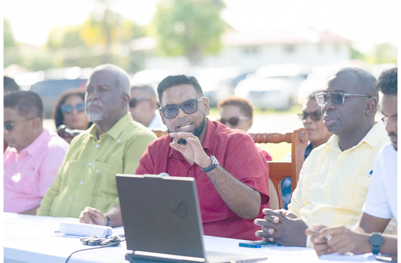 President Dr Irfaan Ali, during a hybrid-style press conference on the lawns of the Albion Estate on Friday [DPI photo]