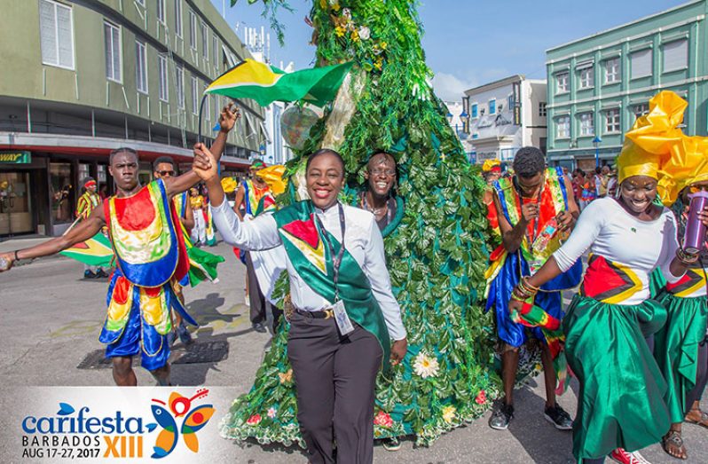 The Guyanese contingent was part of thousands who turned out to the Carifesta XIII Parade, which stretched from Queen's Park to the Kensington Oval in Bridgetown, the island’s capital (Photo credit :Department of Public Information)