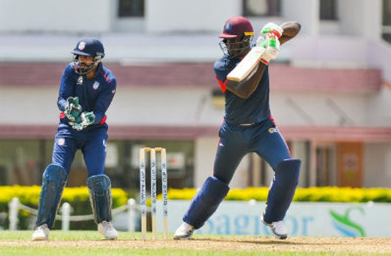CCC Marooners captain Carlos Brathwaite plays through the off side during his joint top score of 69 against USA Cricket at the 3Ws Oval on Saturday. (Photo courtesy CWI Media)