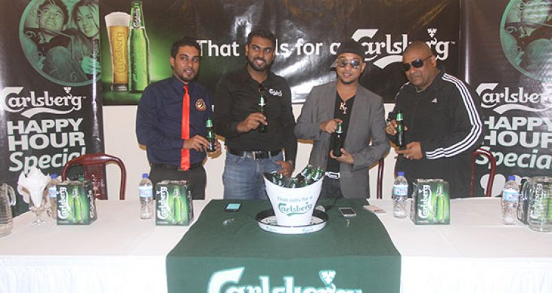 From left to right at the launch ceremony are Carlsberg Group Chief Financial Officer, Gavin Ramsoondar; CEO Irzad Zamal; Chutney sensation ‘KI’ and Trinidad’s DJ Sheriff
