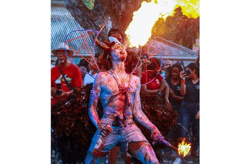 A ‘Blue Devil’ reenactment at the University of the West Indies (UWI)’s Department of Creative and Festival Arts ‘Old Mas’ exhibition (Vishani Ragobeer photos)