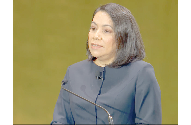 Guyana's candidate for United Nations Secretary-General, Carolyn Rodrigues-Birkett, addresses the UN Town Hall at the General Assembly Hall, UN Headquarters in New York, where she joined five other candidates vying for the organisation's top post