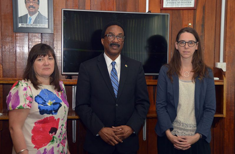 Attorney General Basil Williams (centre); Carter Center Associate Director, Brett Lacy (right); and Carter Centre Legal and Electoral Advisor Anne Marlborough following their meeting on Wednesday (Adrian Narine photo)