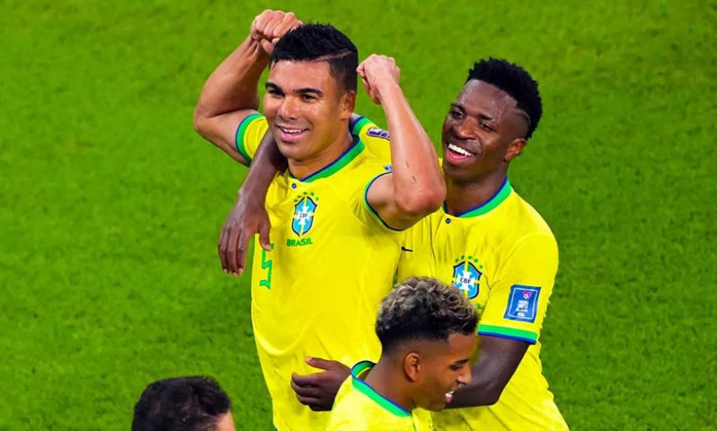 Casemiro (5) of Brazil celebrates with teammates after scoring to make it 1-0 during the FIFA World Cup Qatar 2022 Group G match between Brazil and Switzerland at Stadium 974 on November 28, 2022 in Doha, Qatar Image credit: (Getty Images)