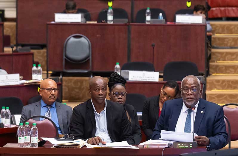 Prime Minister, Brigadier (Ret’d) Mark Phillips and his team before the Parliamentary Committee of Supply on Monday (Delano Williams photo)