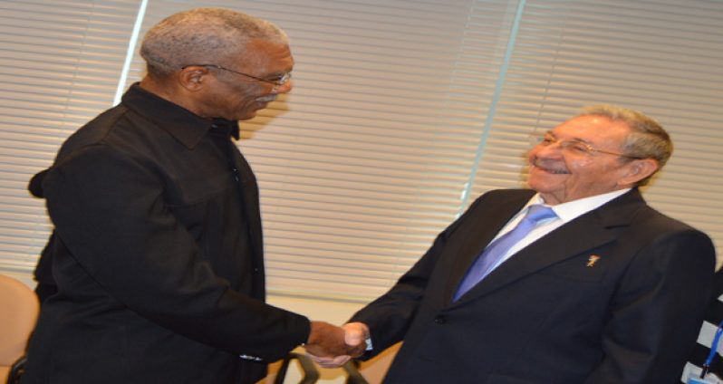 President David Granger and Cuban President Raul Castro greet each other in New York