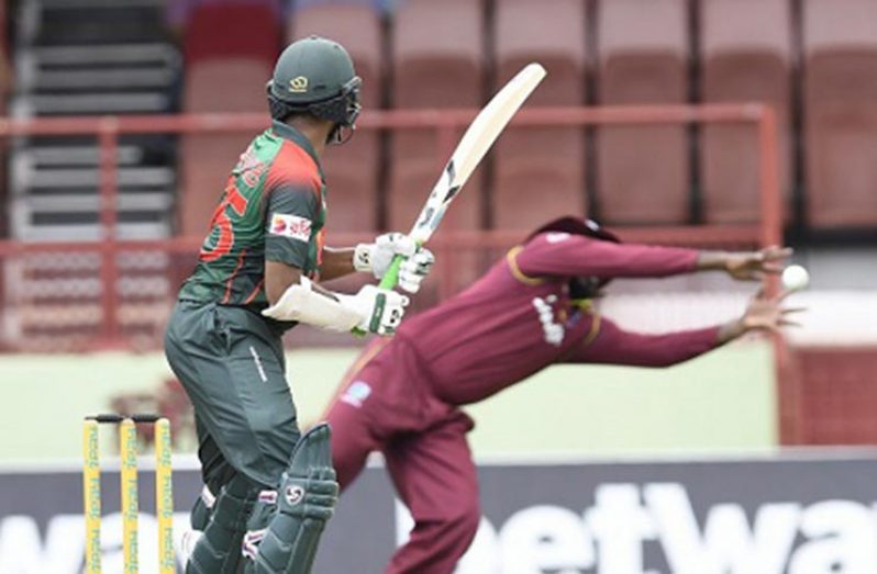 THE ONE THAT GOT AWAY: Shakib-al-Hasan looks back as Chris Gayle puts down a catch at slip during his 97 in Sunday’s opening ODI. (Photo courtesy CWI Media)