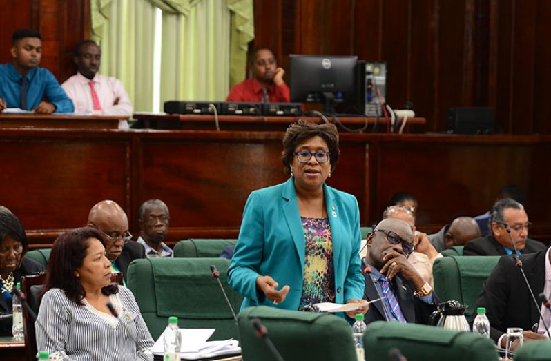 Minister of Public Telecommunications, Catherine Hughes, addressing the National Assembly on Wednesday (Photo by Samuel Maughn)