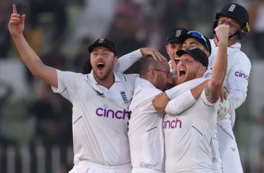 England celebrate the moment of victory as Jack Leach seals the first Test  •  (AFP/Getty Images)