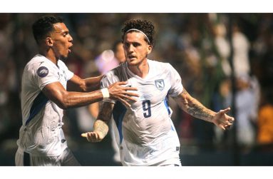 Nicaraguan players celebrate a goal during their game against Barbados on Monday