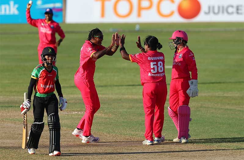 Chamari Athapaththu of Barbados Royals celebrates with teammates after getting the wicket of Shemaine Campbelle of Guyana Amazon Warriors during the Women's 2025 Massy Caribbean Premier League match between Barbados Royals v Guyana Amazon Warriors at Providence Stadium on September 14, 2025 in Georgetown, Guyana (Photo by Ashley Allen - CPL T20/CPL T20 via Getty Images)