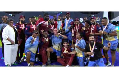 The Antigua & Barbuda Falcons celebrate their capture of the Caribbean Premier League title after defeating the Jamaica Kingsmen