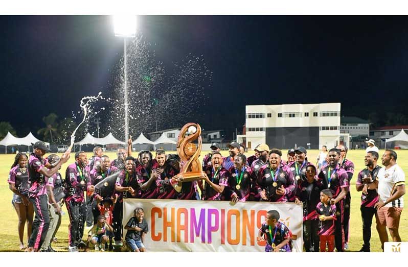 SVC/AJM CC One Guyana T10 Tapeball champions celebrate.