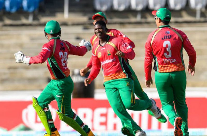 Ashmead Nedd is ecstatic as he gets his first CPL scalp from his very first delivery.