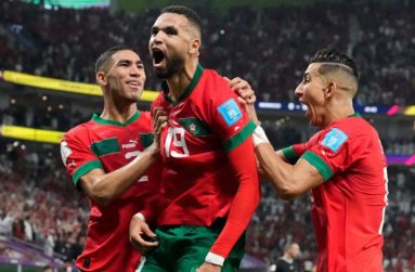 Youssef En-Nesyri celebrates with team mates after scoring for Morocco