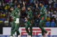 Bangladesh’s Tanzim Hasan Sakib (second left), Litton Das (left) and Shamin Hossain (third left) celebrate the dismissal of Gudakesh Motie