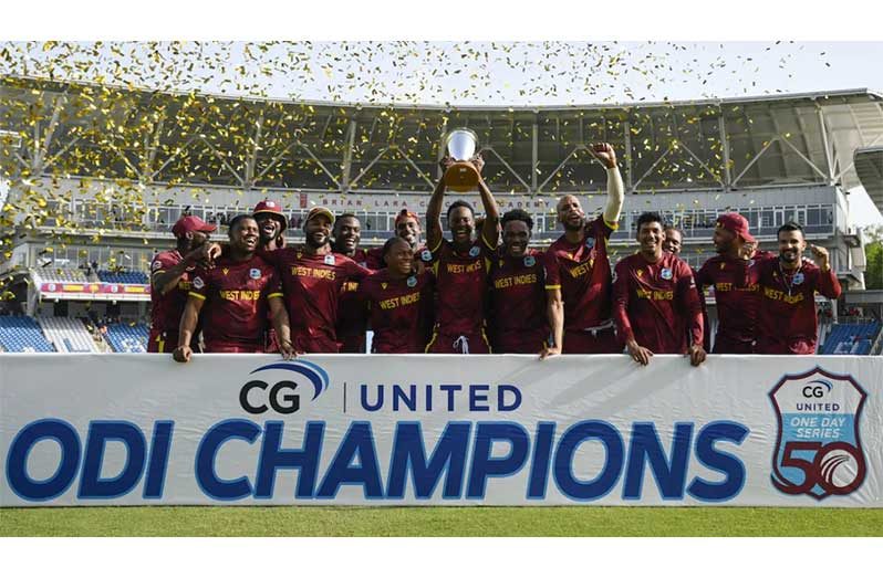 West Indies celebrate their first men's bilateral ODI series against Pakistan since 1991 • (AFP/Getty Images)