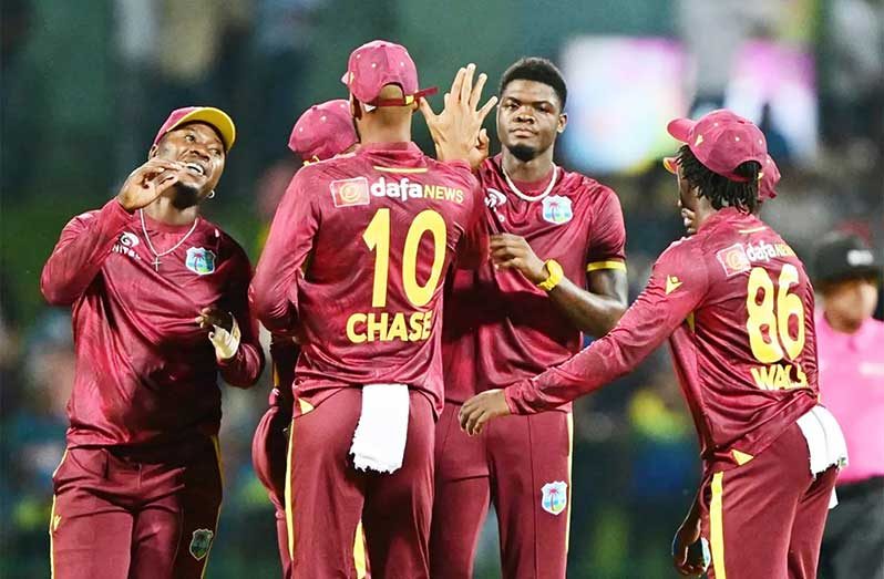 The West Indies team celebrate an Alzarri Joseph wicket (Getty Images)