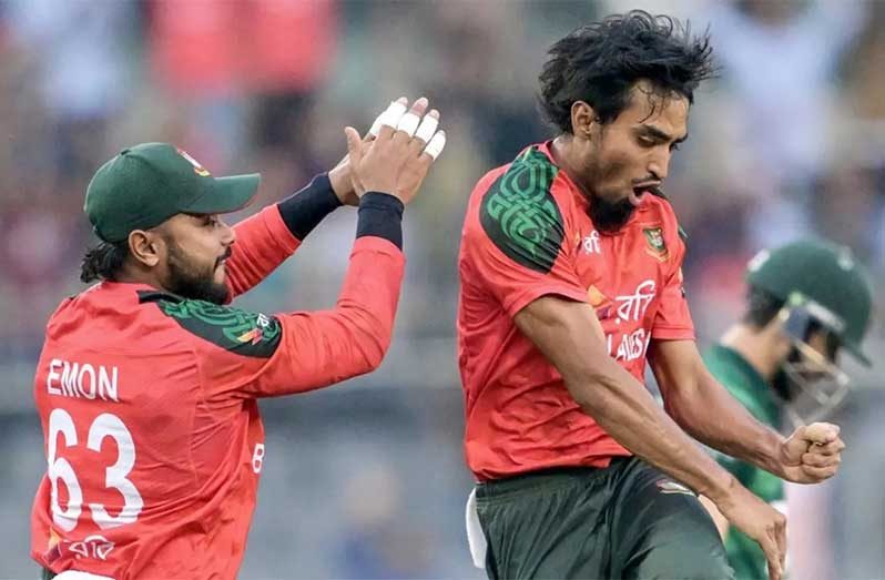 Tanzim Hasan Shakib is overjoyed after dismissing Salman Agha  •  AFP/Getty Images