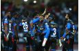 Antigua & Barbuda Falcons players celebrate the wicket of Darren Bravo of Trinbago Knight Riders during the Men’s 2025 Republic Bank Caribbean Premier League match between Antigua & Barbuda Falcons v Trinbago Knight Riders at Sir Vivian Richards Cricket Ground on Wednesday night.